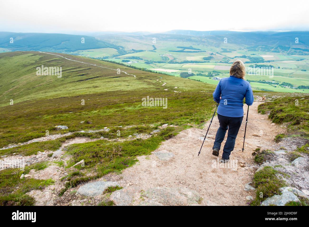 Ein Wanderer, der den Pfad vom berg corbett des Ben Rinnes in der Nähe von Dufftown, Morayshire, Schottland, absteigt Stockfoto