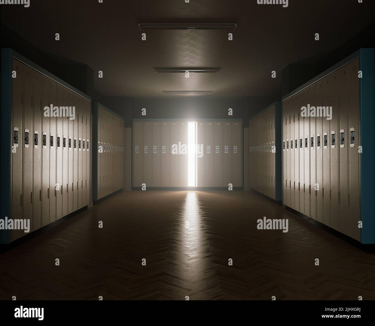 Licht, das aus einem offenen Schrank in einem schwach beleuchteten Umkleideraum mit Holzböden leuchtet - 3D Render Stockfoto