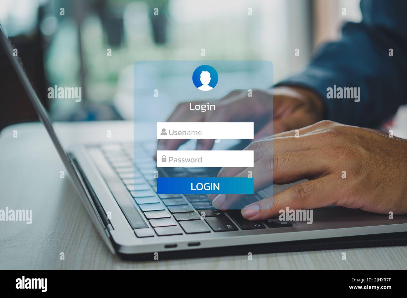 Mann mit Tastatur Computer Laptop Login-Schnittstelle auf Touchscreen. Benutzernamen und Passwort-Eingaben auf virtuellen digitalen Konto online. Stockfoto