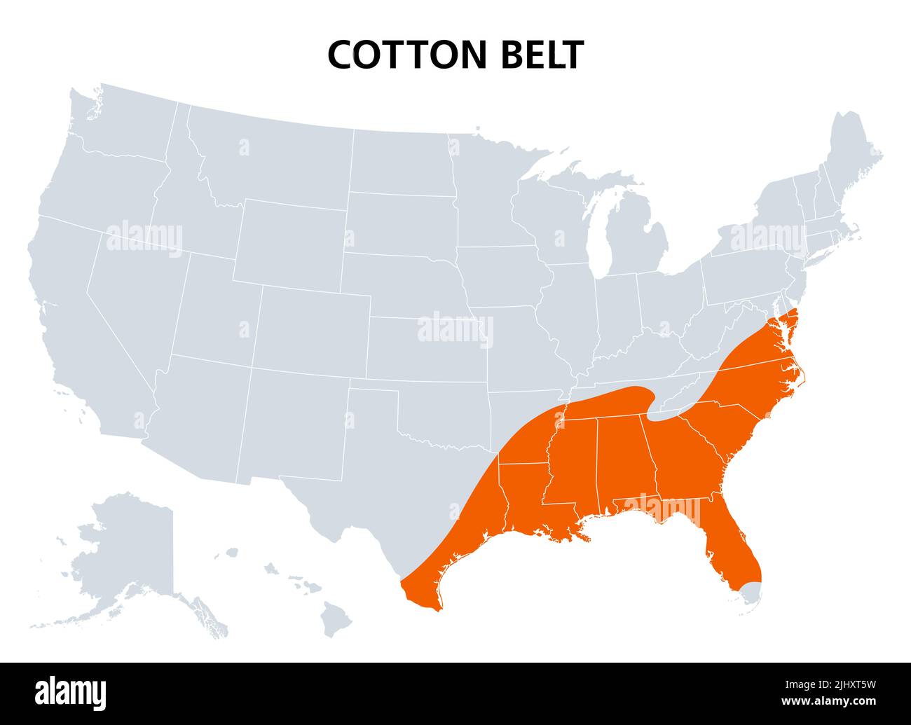 Baumwollgürtel der Vereinigten Staaten, politische Landkarte. Region des amerikanischen Südens, von Delaware bis East Texas, wo Baumwolle die vorherrschende Cash-Ernte war. Stockfoto