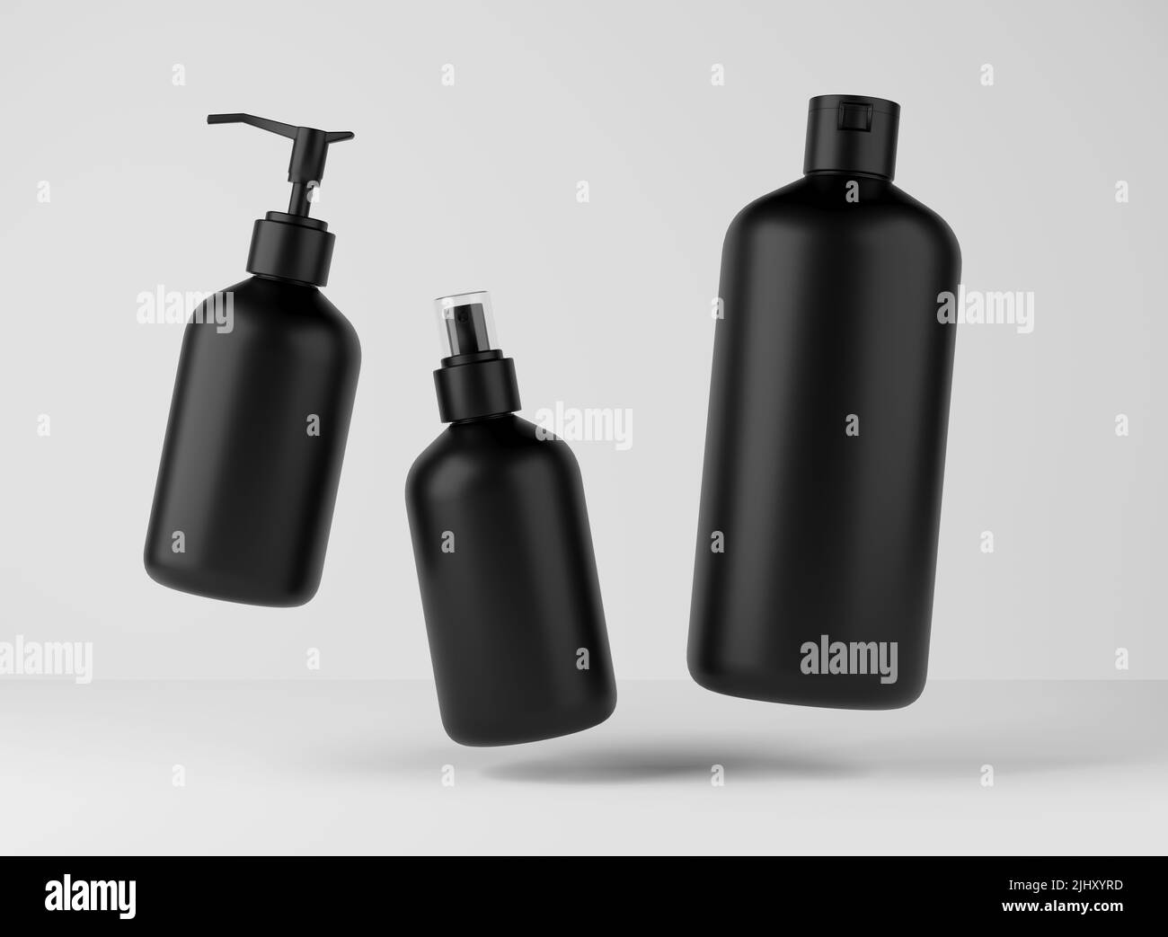 Drei verschiedene schwarze Flaschen für Haar- und Körperpflegeprodukte 3D Render, Set aus schwimmenden Kosmetikbehältern auf grauem Studiohintergrund, Verpackung Stockfoto