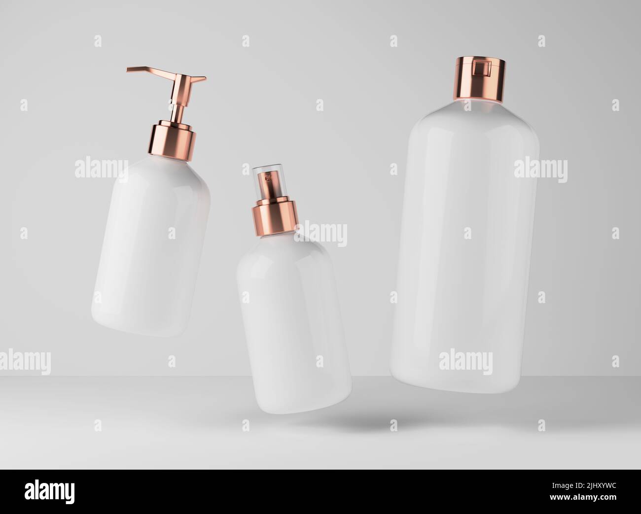 Drei verschiedene weiße Plastikflaschen für Haar- und Körperpflegeprodukte 3D Render, Set aus schwimmenden Kosmetikbehältern auf grauem Studiohintergrund Stockfoto