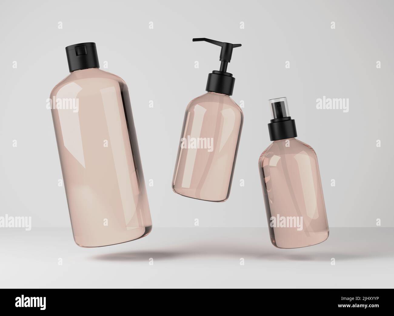 Drei verschiedene beige Glasflaschen für Haar- und Körperpflegeprodukte 3D Render, Set aus schwimmenden Kosmetikbehältern auf grauem Studiohintergrund Stockfoto
