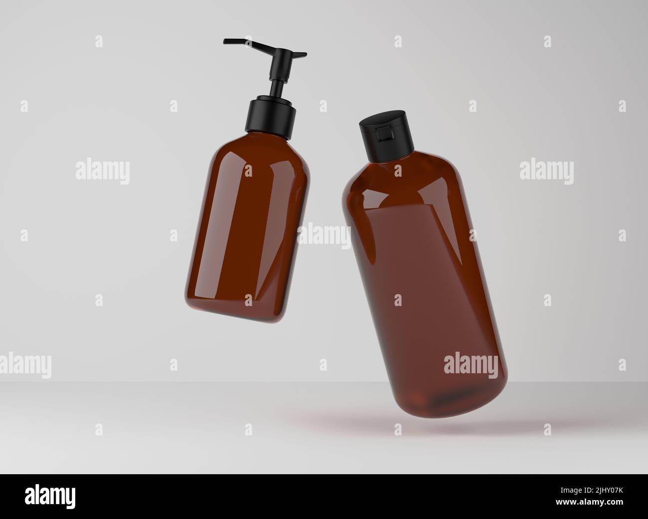 Zwei braune Glasflaschen für Duschgel und Flüssigseife, schwimmend auf Studiohintergrund, 3D Render der Verpackung von Kosmetikprodukten Stockfoto