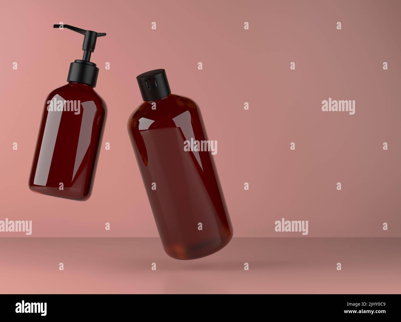 Zwei braune Glasflaschen für Duschgel und Flüssigseife, schwimmend auf Studiohintergrund, 3D Render der Verpackung von Kosmetikprodukten Stockfoto