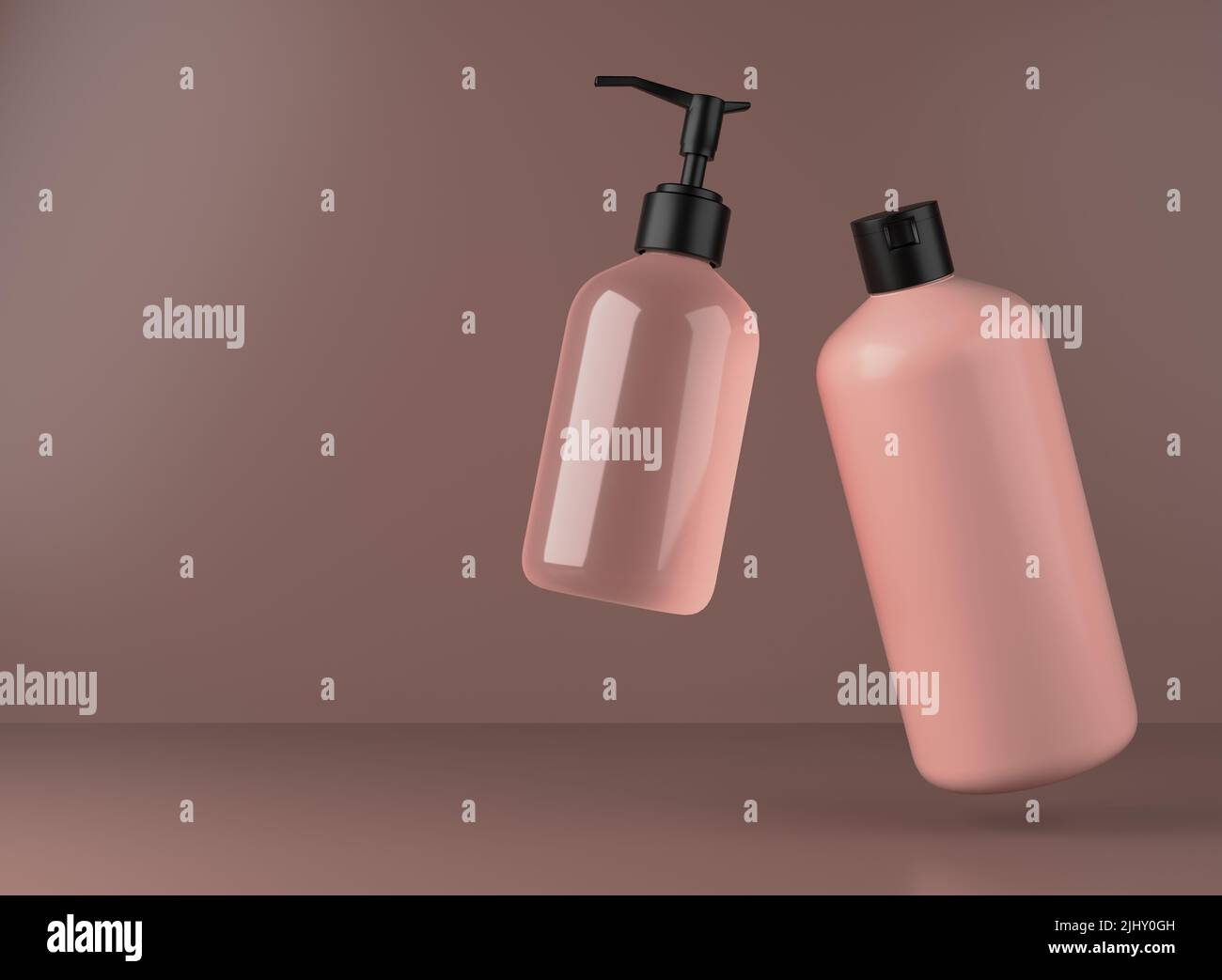 Zwei rosa Plastikflaschen für Duschgel und Flüssigseife, schwimmend auf Studiohintergrund, 3D Render der Verpackung von Kosmetikprodukten Stockfoto