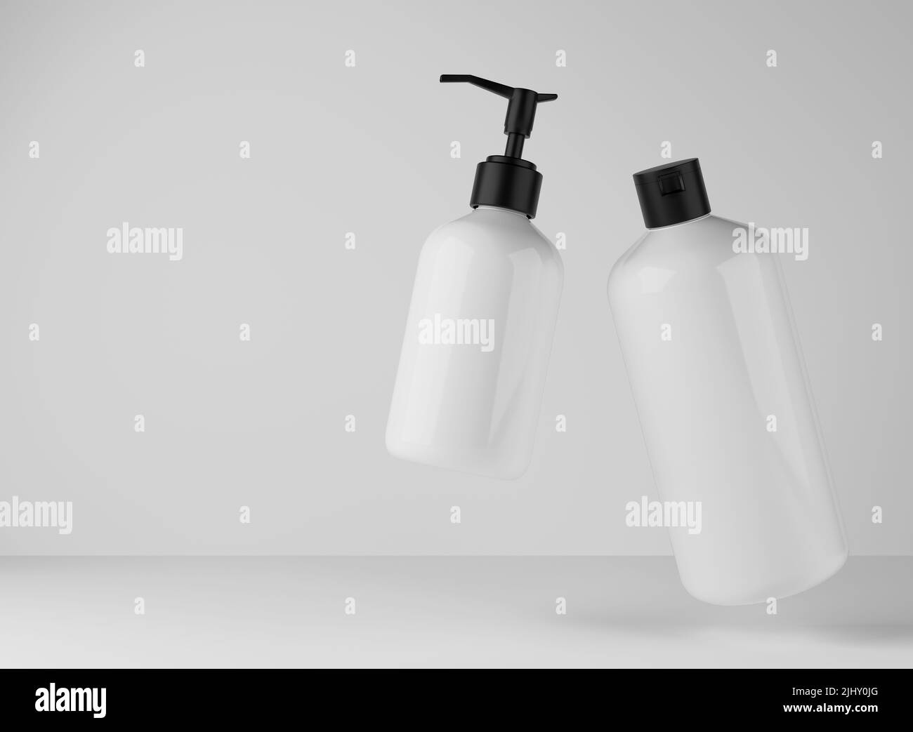 Zwei weiße Plastikflaschen für Duschgel und Flüssigseife, schwimmend auf Studiohintergrund, 3D Rendering der kosmetischen Produktverpackung Stockfoto