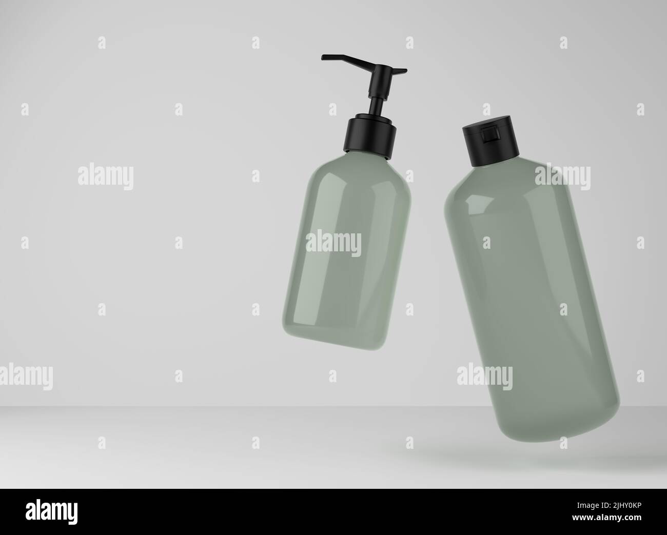 Zwei grüne Plastikflaschen für Duschgel und Flüssigseife, schwimmend auf Studiohintergrund, 3D Rendering der kosmetischen Produktverpackung Stockfoto
