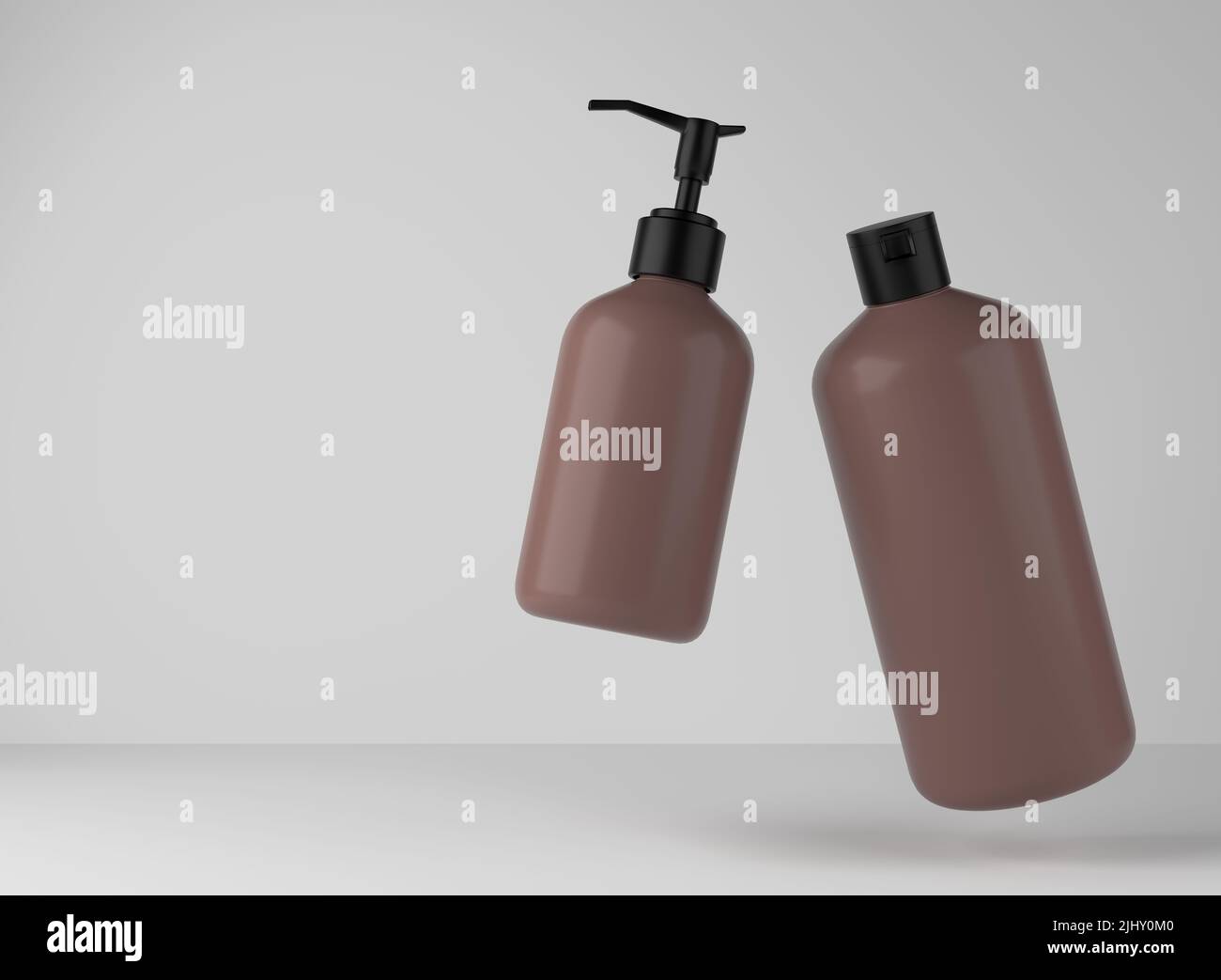 Zwei braune Plastikflaschen für Duschgel und Flüssigseife, schwimmend auf Studiohintergrund, 3D Render der Verpackung von Kosmetikprodukten Stockfoto