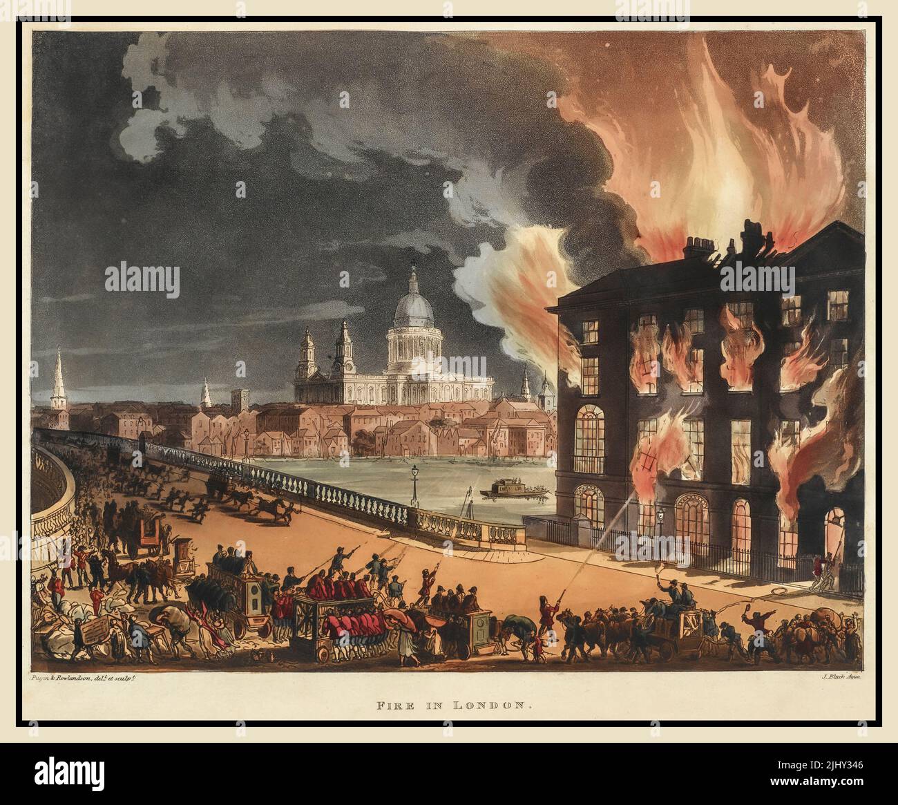 FEUER IN LONDON 1791 Feuer in Albion Mill, Blackfriars Bridge. Die Albion-Mühle war eine der frühesten Eisenwerke, die 1769 nach dem Entwurf von Robert Mylne fertiggestellt wurde.der Brand ereignete sich am 3. März 1791. William Henry Pyne Beschreibung 'Fire at Albion Mill'. Künstler Thomas Rowlandson (1756–1827) Autor:Thomas Rowlandson Augustus Charles Pugin (–1832) Stockfoto