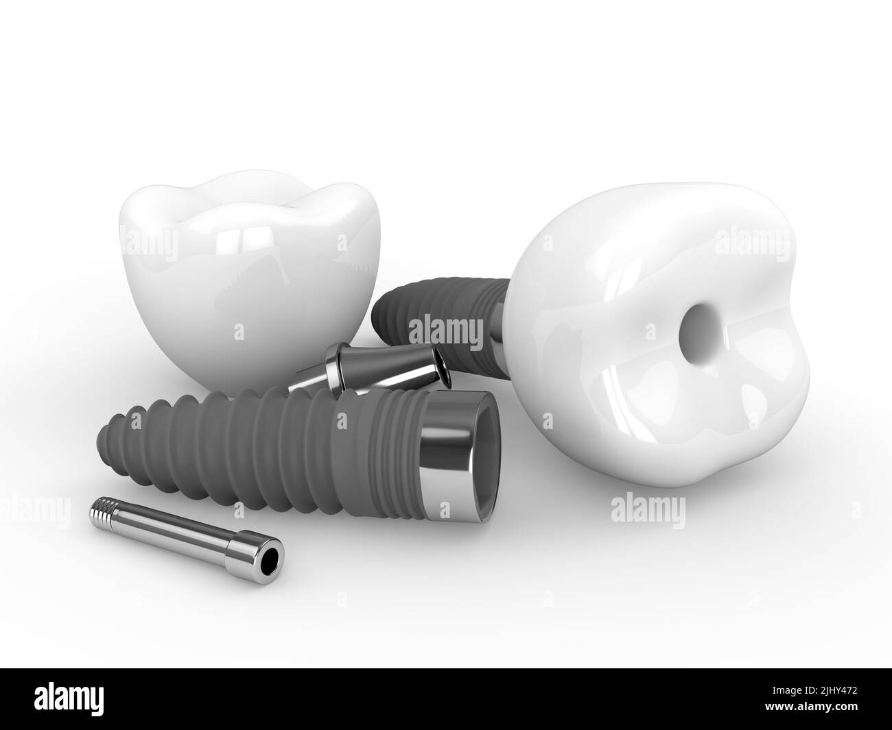 3D Render von Zahnimplantaten auf weißem Tisch liegend Stockfoto