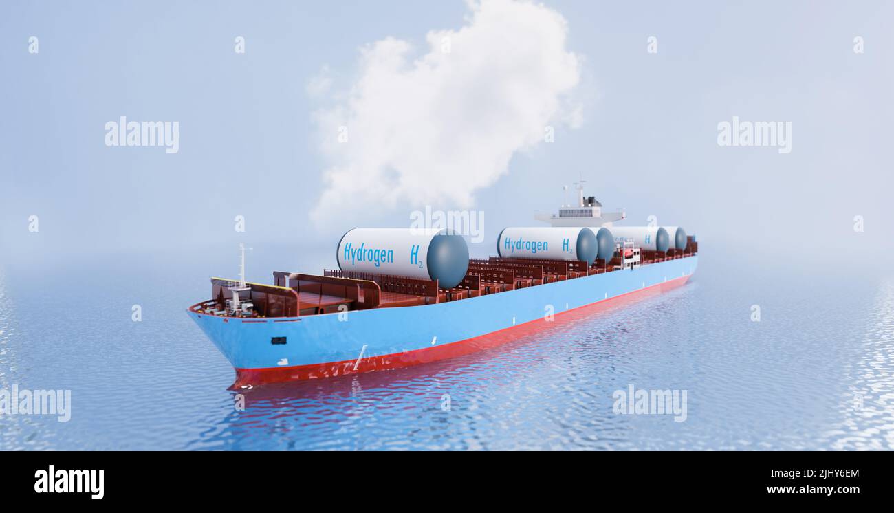 3D Wasserstofftank-Transportcontainer, saubere Energie und grünes Energiekonzept, 3D Abbildung Rendering Stockfoto