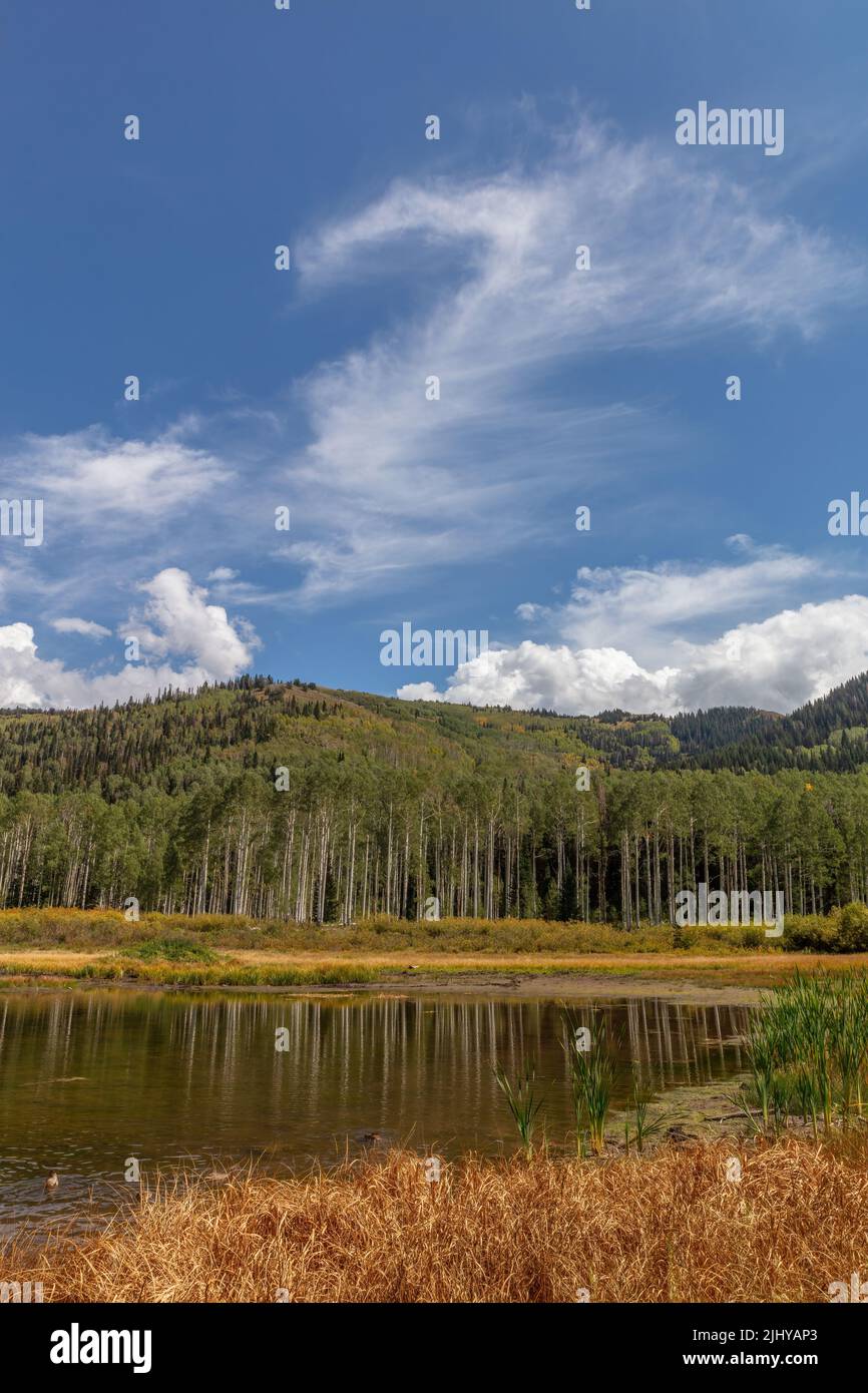 Schlaue Wolken über Willow Lake, Big Cottonwood Canyon, Wasatch Mountains, Utah Stockfoto