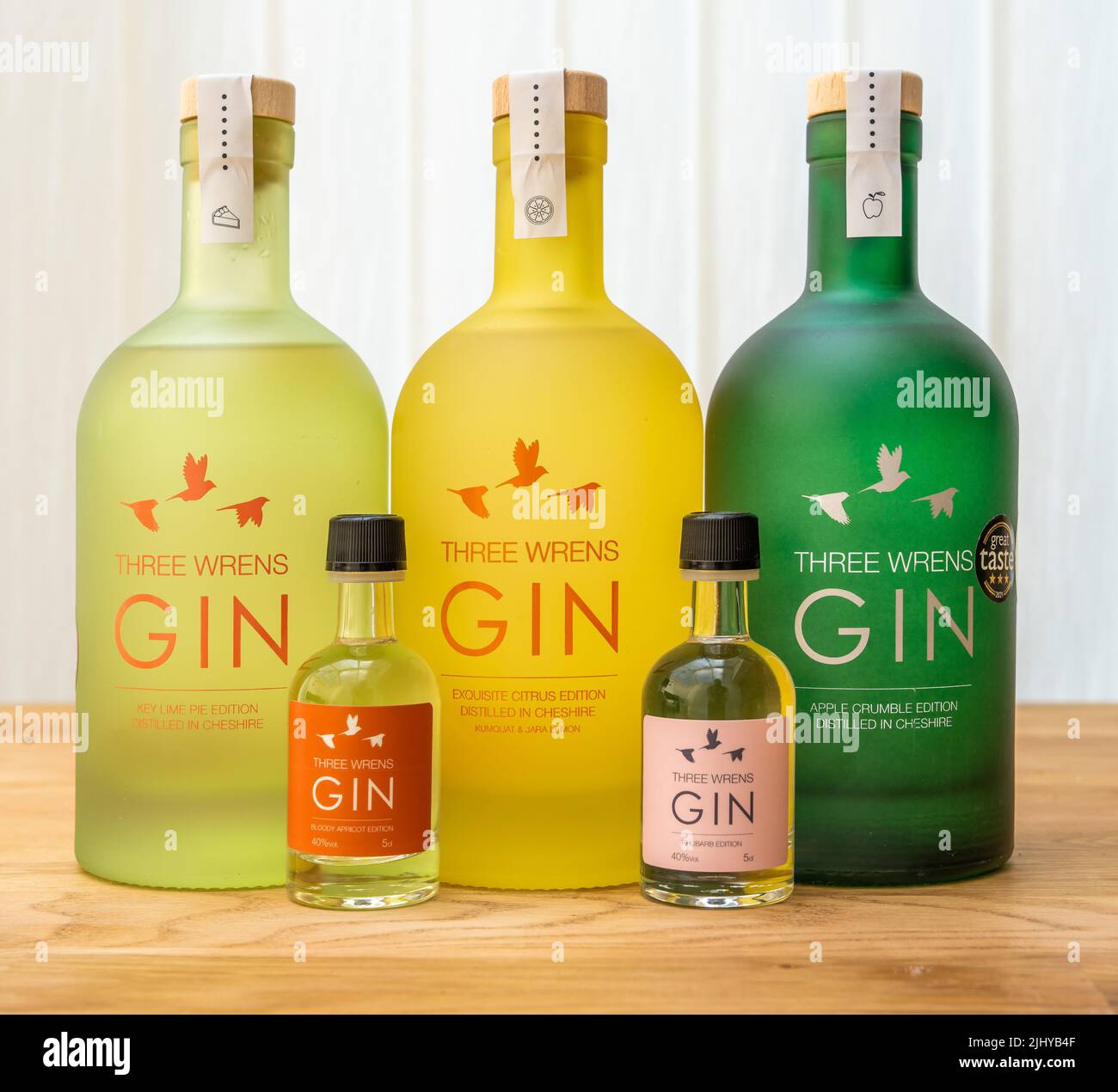 Große und kleine Gin-Flaschen mit grünem Gelb Stockfoto