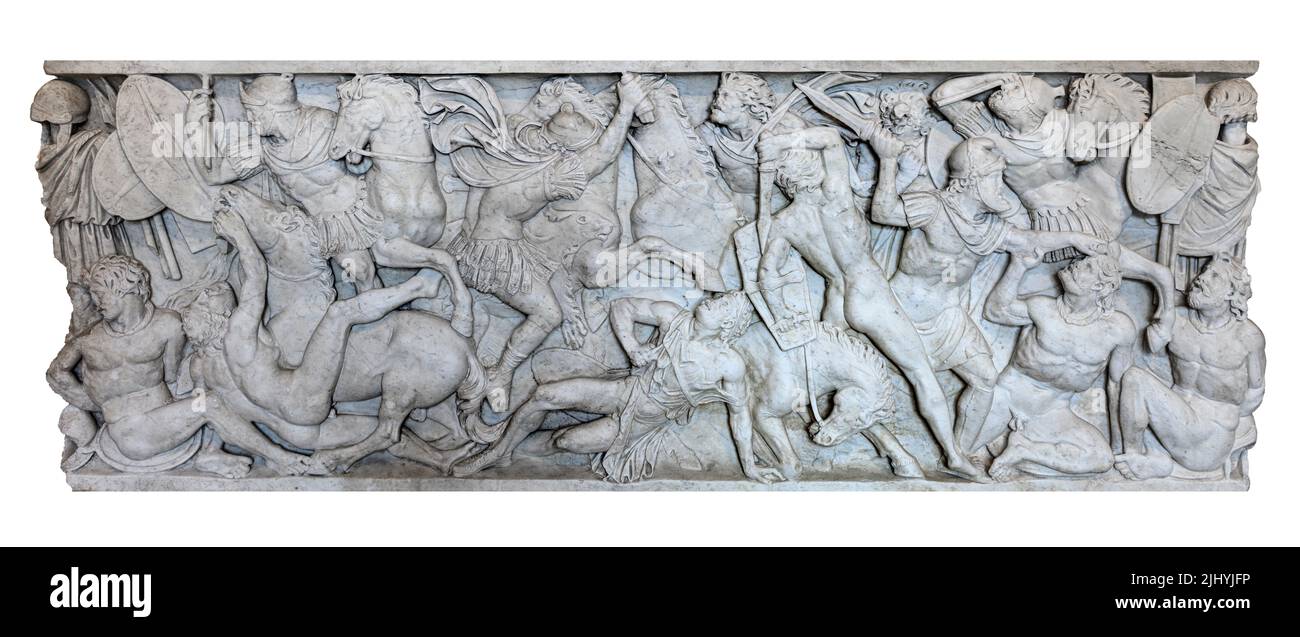 Detail einer Kampfszene auf dem römischen 'Amendola-Sarkophag' Ende 2. n. Chr., in den Kapitolinischen Museen, Rom, Italien Stockfoto