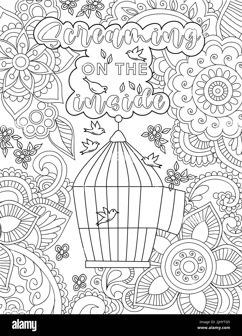 Eine Illustration eines Vogelkäfigs und voller Kritzeleien und ein Zitat auf weißem Hintergrund Stockfoto