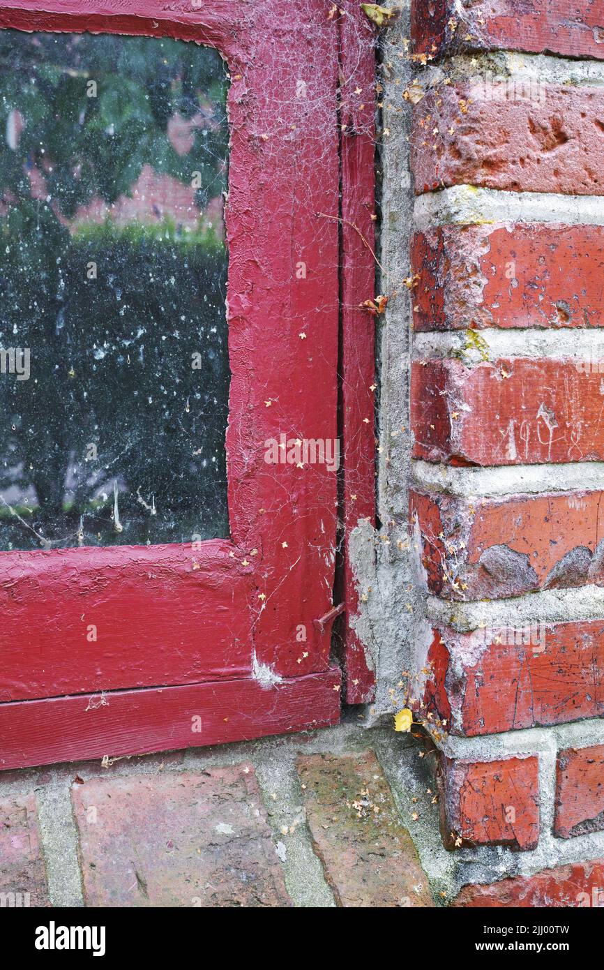 Nahaufnahme von verlassenen roten Fenstern, die von Spinnweben vor Vernachlässigung, Armut und Wirtschaftskrise bedeckt sind. Leeres, altes und dreckiges Ziegelgebäude oder Stockfoto