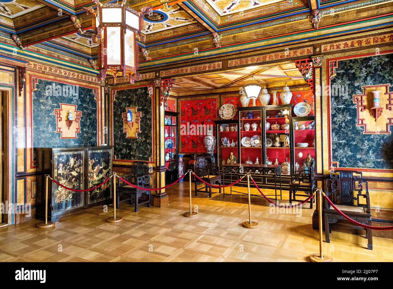 Interieur des opulenten chinesischen Raumes im orientalischen Stil im barocken königlichen Wilanow-Palast aus dem 17.. Jahrhundert, Warschau, Polen Stockfoto