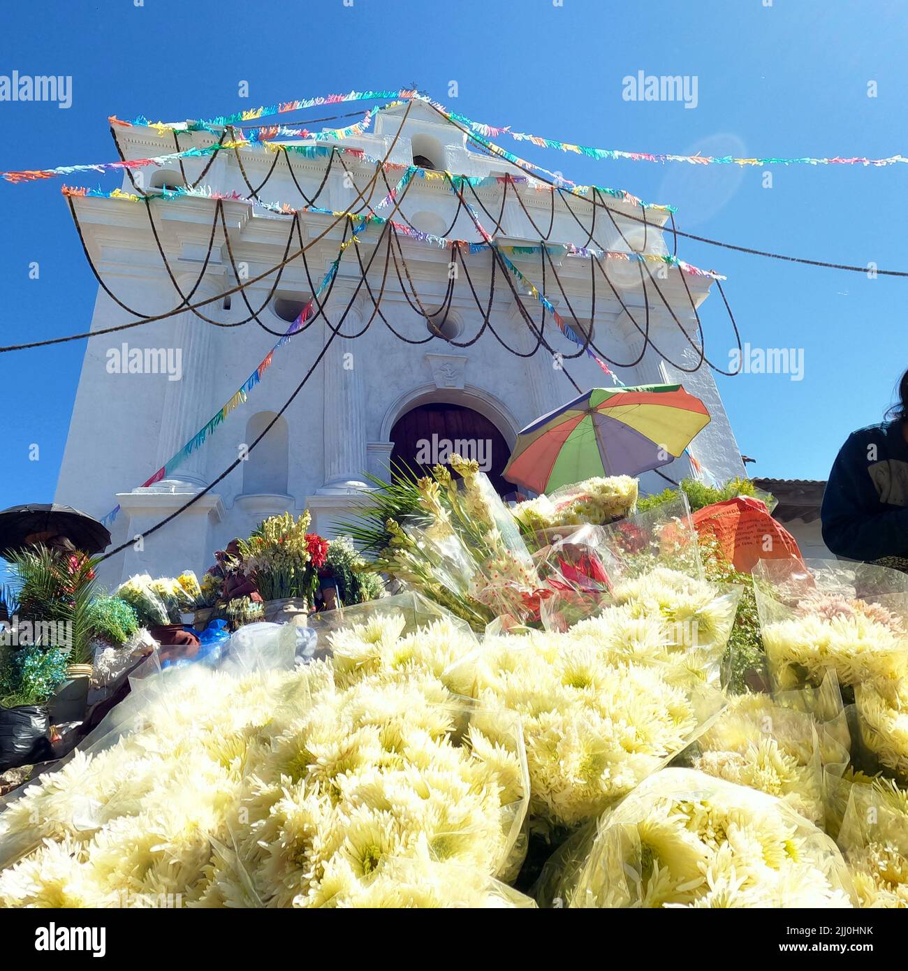 Eine Aufnahme von Blumen aus der Iglesia de Santo Tomas in Chichicastenango, Guatemala Stockfoto