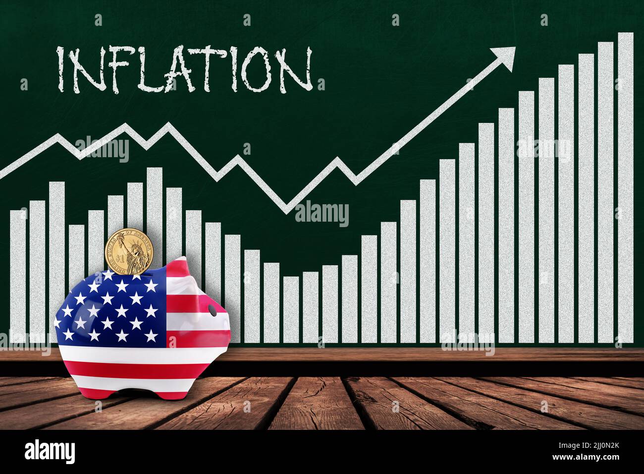 Das Konzept der Inflation in den Vereinigten Staaten zeigt ein Balkendiagramm auf der Tafel mit Sparschwein, das in US-Flagge und US-Dollar-Münzen gemalt ist. Illustration der steigenden Inflaatio Stockfoto
