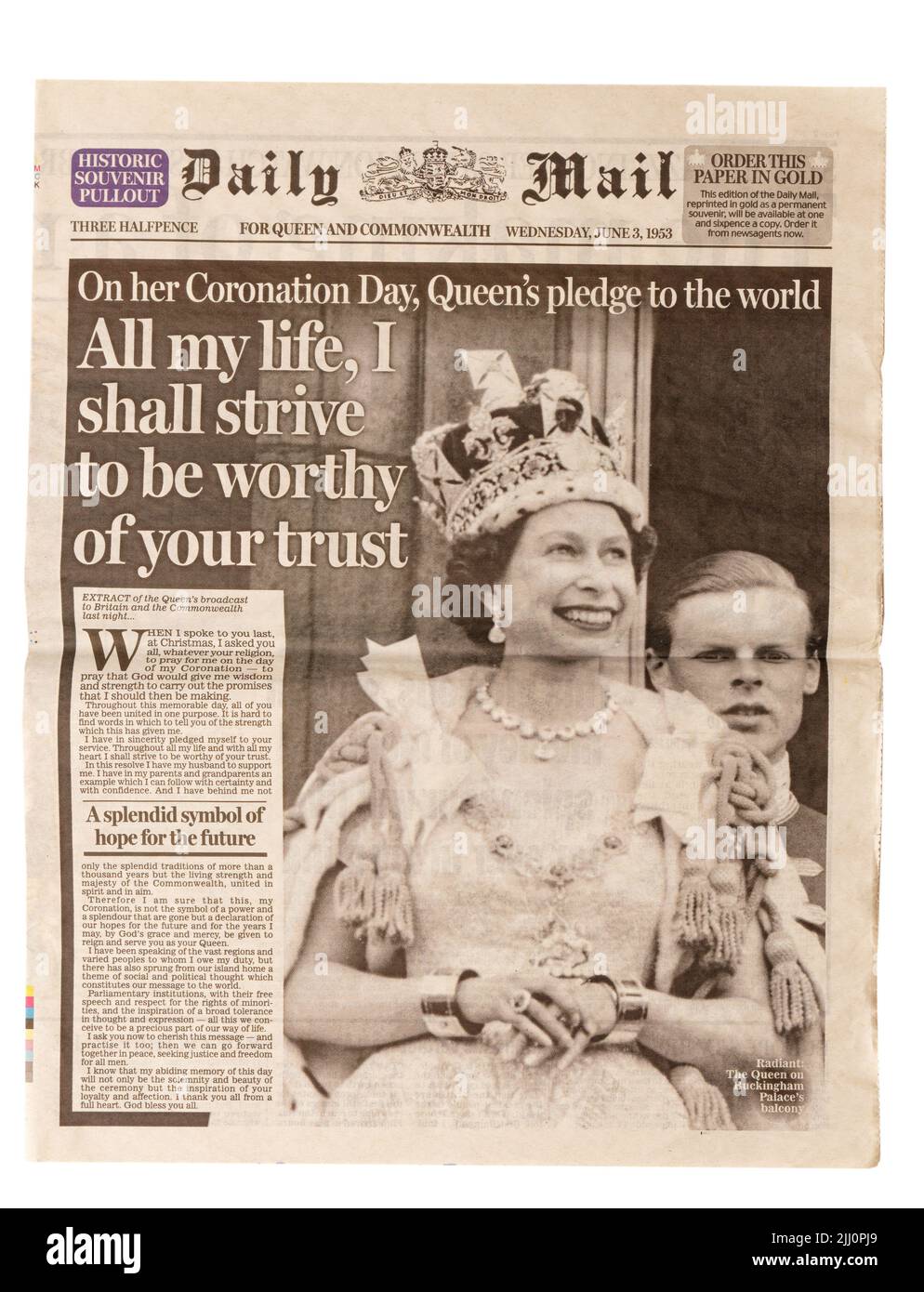 Eine Reproduktion Daily Mail Titelseite vom Juni 3. 1953 über die Krönung von Prinzessin Elizabeth Stockfoto