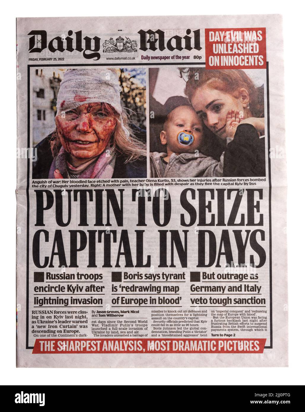 Eine Daily Mail Schlagzeile vom 25. 2022. Februar über die russische Invasion in der Ukraine, mit der Schlagzeile Putin, um Kapital in Tagen zu ergreifen Stockfoto