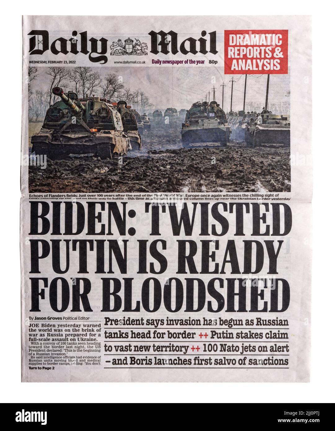 Eine Schlagzeile der Daily Mail von ungefähr über die russische Invasion in der Ukraine mit der Schlagzeile Twisten Putin ist bereit für Blutvergießen Stockfoto