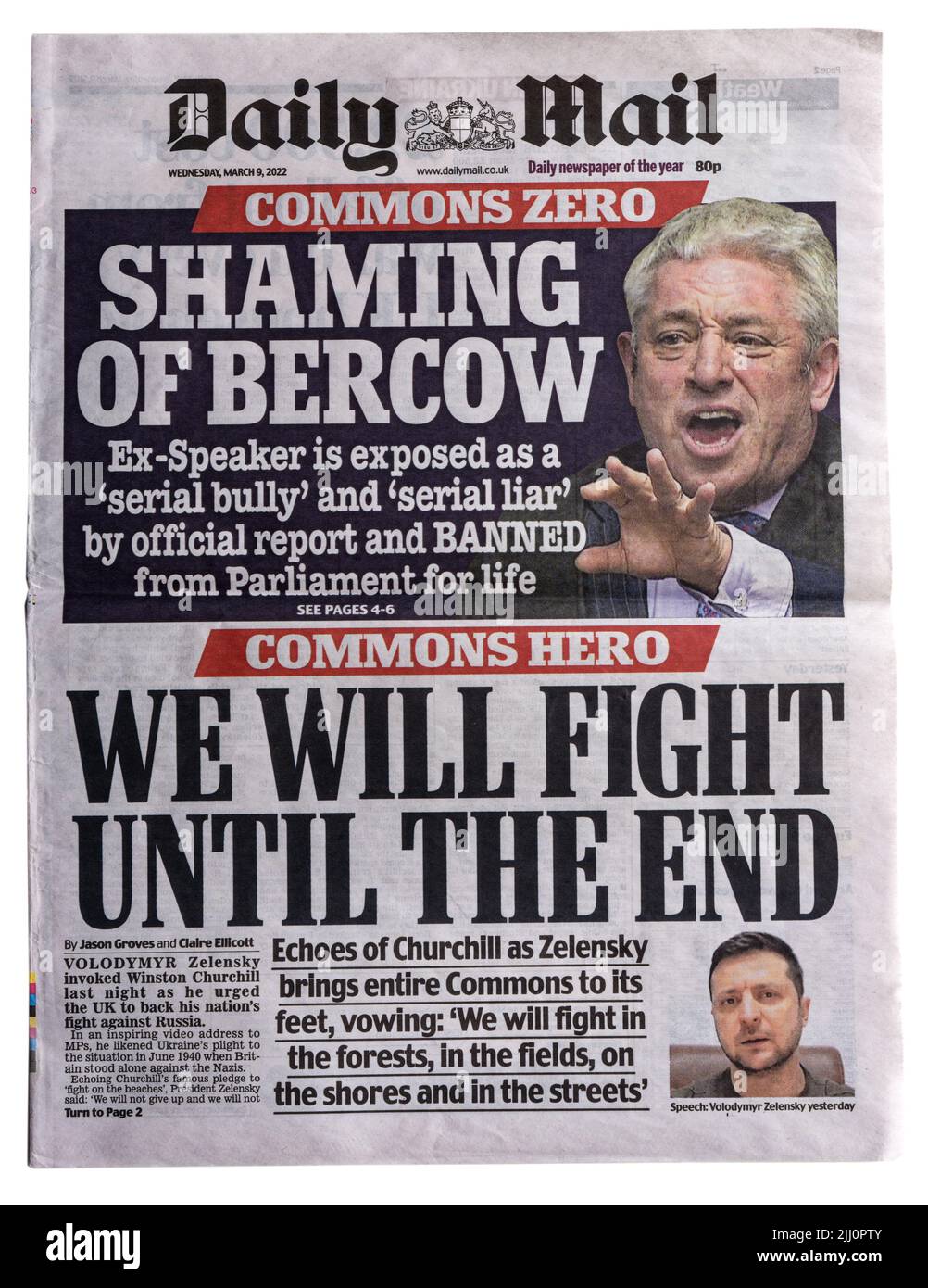 Eine Schlagzeile der Daily Mail vom 9. 2022. März über die russische Invasion in der Ukraine und berichtete über die Rede von Wolodymyr Zelenskey im UN-Unterhaus Stockfoto