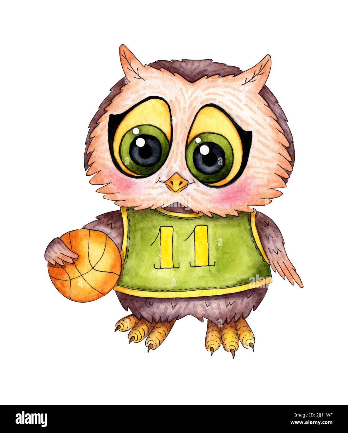 Aquarell-Illustration eines Cartoon-Eulchen, Eule-Basketballspielers mit einem Ball. Zurück zur Schule. Ideal für T-Shirts, Karten und Drucke. Isoliert auf weißem BA Stockfoto