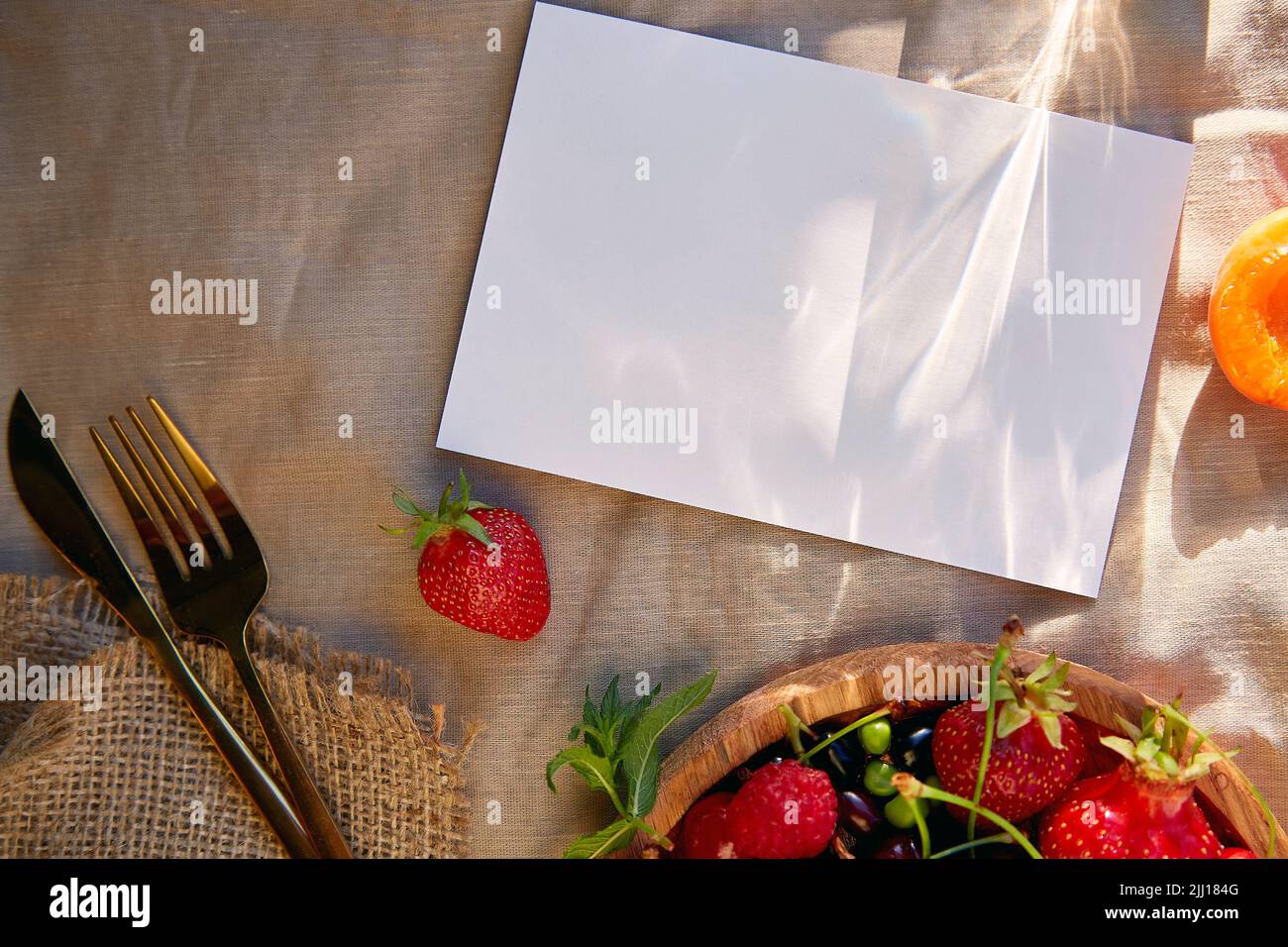 Ästhetische Sommer saisonale Schreibwaren Karte Nachbildung mit Schatten, Früchten und Beeren. Draufsicht, Kopierbereich bei Sonnenlicht. Entwerfen Sie ein Menü oder ein Rezept. Stockfoto