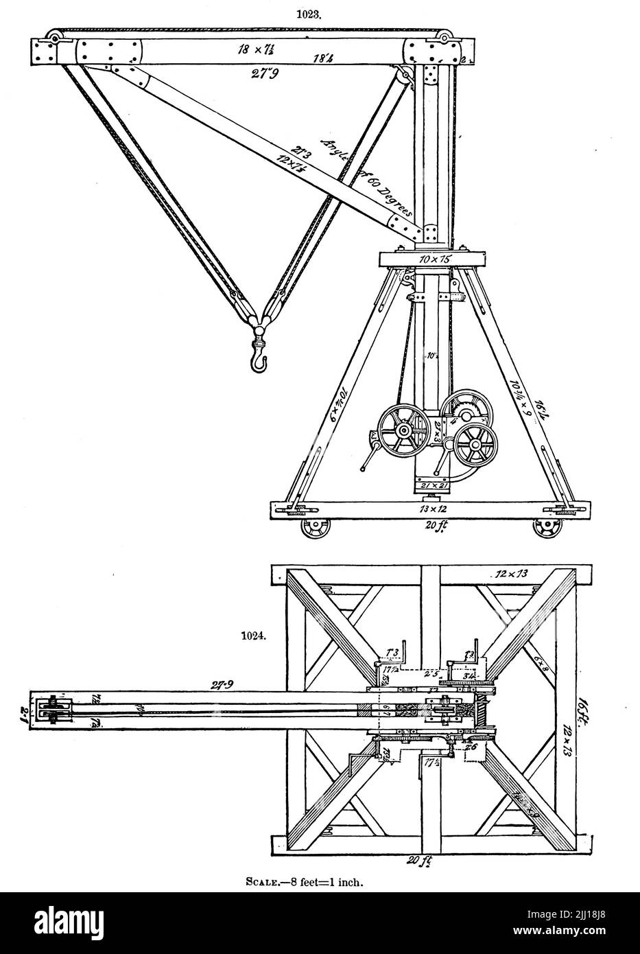 Beweglicher Kran, angeordnet und verwendet für die Verlegung der Voussoirs in den umgekehrten Bögen des United States Dry Dock in Brooklyn, New York, b y WM J. Me Alpine aus dem ' Appleton Wörterbuch der Maschinen, Mechanik, Motorenarbeit, And Engineering ' von D. Appleton and Company Erscheinungsdatum 1874 Herausgeber New York, D. Appleton, Stockfoto