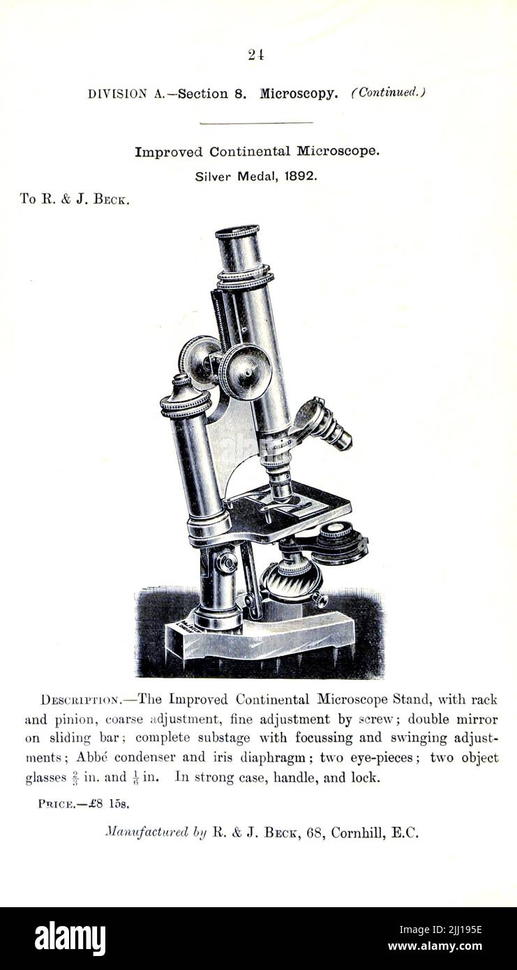 Verbessertes Continental Microscope aus dem Buch "illustrierte Liste der Exponate, denen Medaillen auf ihren Ausstellungen verliehen wurden, die im Zusammenhang mit den Kongressen in Worcester, 1889, abgehalten wurden; Brighton, 1890; Portsmouth, 1892 ; Liverpool, 1894 ; Newcastle, 1896 ; Leeds, 1897 ; Birmingham, 1898 ; Southampton, 1899 von Sanitary Institute (Großbritannien) Erscheinungsdatum 1906 Herausgeber/Verlag London : Offices of the Sanitary Institute Stockfoto