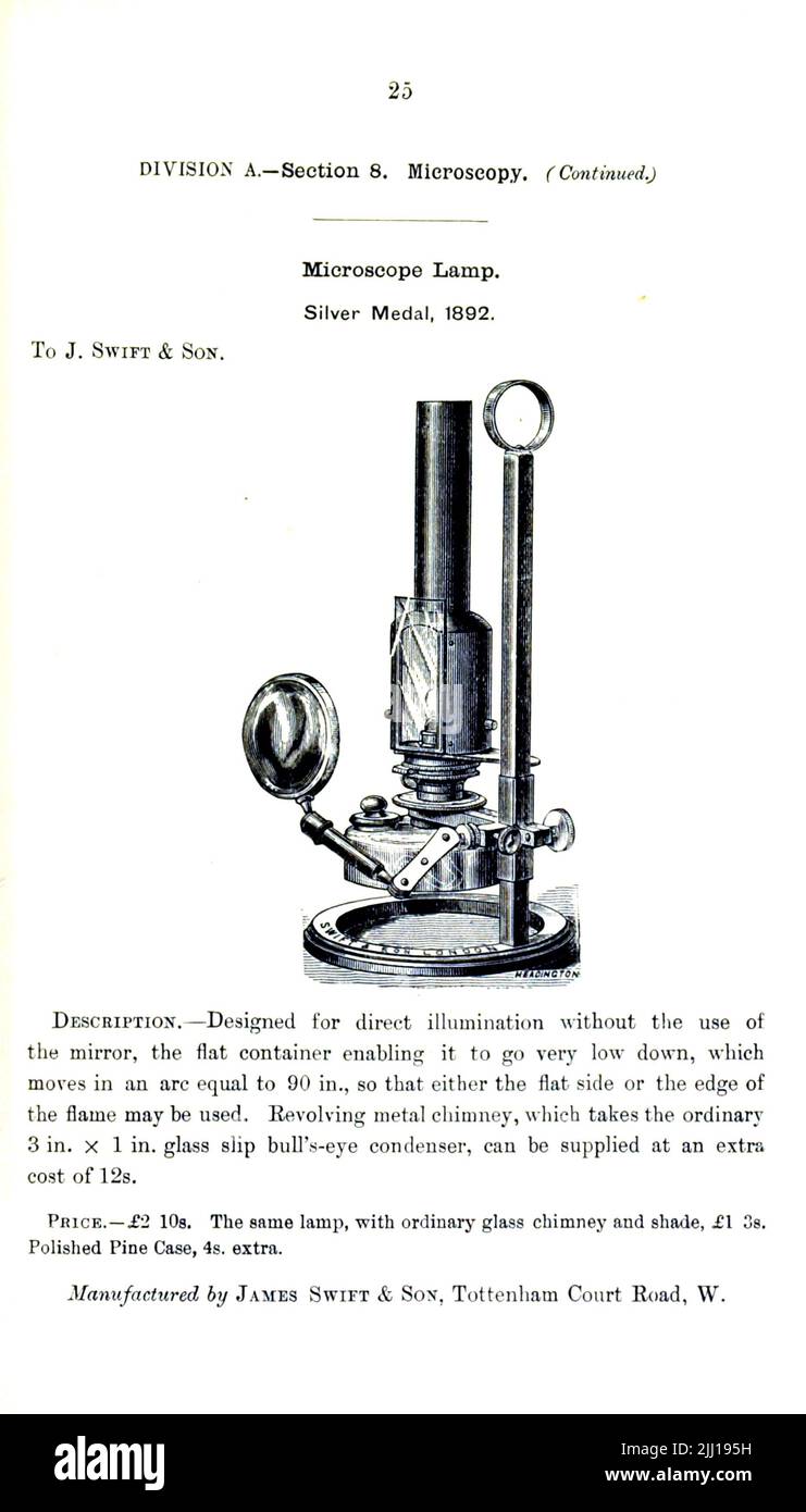 Mikroskop-Lampe aus dem Buch ' illustrierte Liste der Exponate, an die Medaillen auf ihren Ausstellungen verliehen wurden, die im Zusammenhang mit den Kongressen in Worcester, 1889; Brighton, 1890; Portsmouth, 1892 ; Liverpool, 1894 ; Newcastle, 1896 ; Leeds, 1897 ; Birmingham, 1898 ; Southampton, 1899 von Sanitary Institute (Großbritannien) Erscheinungsdatum 1906 Herausgeber/Verlag London : Offices of the Sanitary Institute Stockfoto