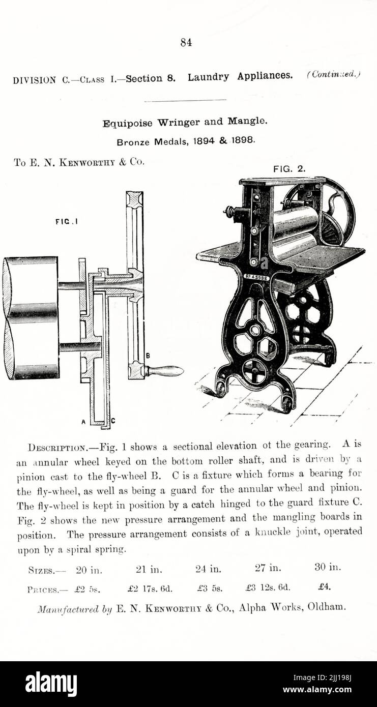 Equipoise Wringer und Mangle aus dem Buch ' illustrierte Liste der Exponate, denen Medaillen auf ihren Ausstellungen verliehen wurden, die im Zusammenhang mit den Kongressen in Worcester, 1889; Brighton, 1890; Portsmouth, 1892 ; Liverpool, 1894 ; Newcastle, 1896 ; Leeds, 1897 ; Birmingham, 1898 ; Southampton, 1899 von Sanitary Institute (Großbritannien) Erscheinungsdatum 1906 Herausgeber/Verlag London : Offices of the Sanitary Institute Stockfoto