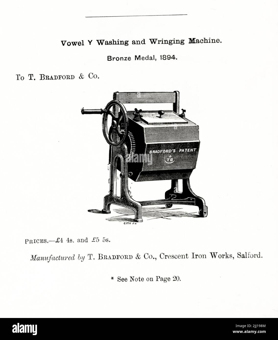 Vokal Y Wasch- und Wringmaschine aus dem Buch 'illustrierte Liste der Exponate, an die Medaillen auf ihren Ausstellungen verliehen wurden, die im Zusammenhang mit den Kongressen in Worcester, 1889 gehalten wurden; Brighton, 1890 ; Portsmouth, 1892 ; Liverpool, 1894 ; Newcastle, 1896 ; Leeds, 1897 ; Birmingham, 1898 ; Southampton, 1899 von Sanitary Institute (Großbritannien) Erscheinungsdatum 1906 Herausgeber/Verlag London : Offices of the Sanitary Institute Stockfoto