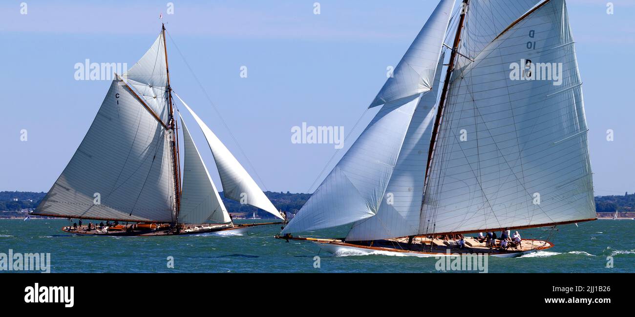 Gaffer, Gaffer, klassisch, Yachten, Boote, Bootfahren, Rennen, Cowes, Insel der Wight, England, Großbritannien, Großbritannien, Großbritannien, Großbritannien, Holz, Stockfoto