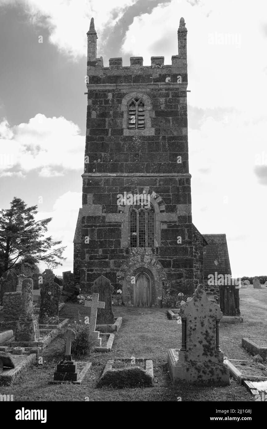 Außenansicht der St. Grade Parish Church (denkmalgeschützte Stufe 1), The Lizard, Cornwall Stockfoto