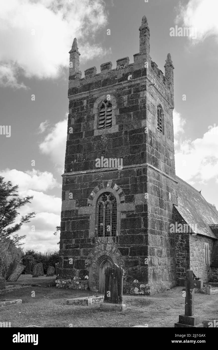 Außenansicht der St. Grade Parish Church (denkmalgeschützte Stufe 1), The Lizard, Cornwall Stockfoto