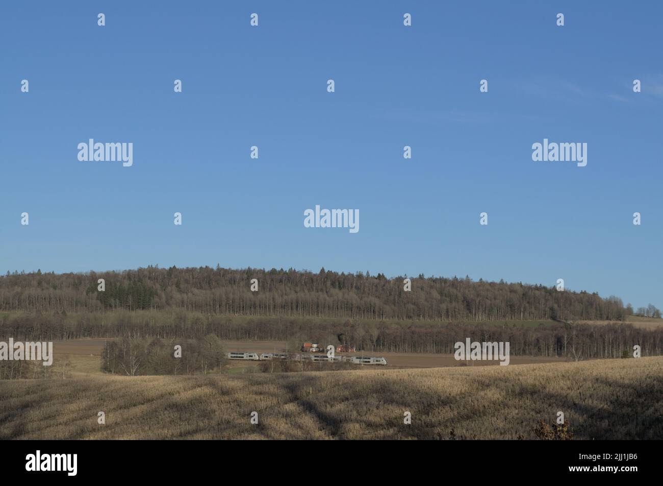 Landschaftsbild. Schweden im Frühling. Offene Landschaft vorne und Wald in der Ferne. Stockfoto