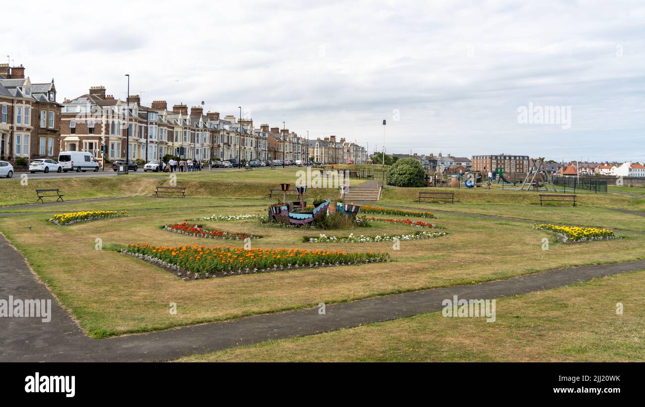 Öffentlicher Park an der Küste mit nautischen Blumenbeeten in Tynemouth, North Tyneside, Großbritannien. Stockfoto