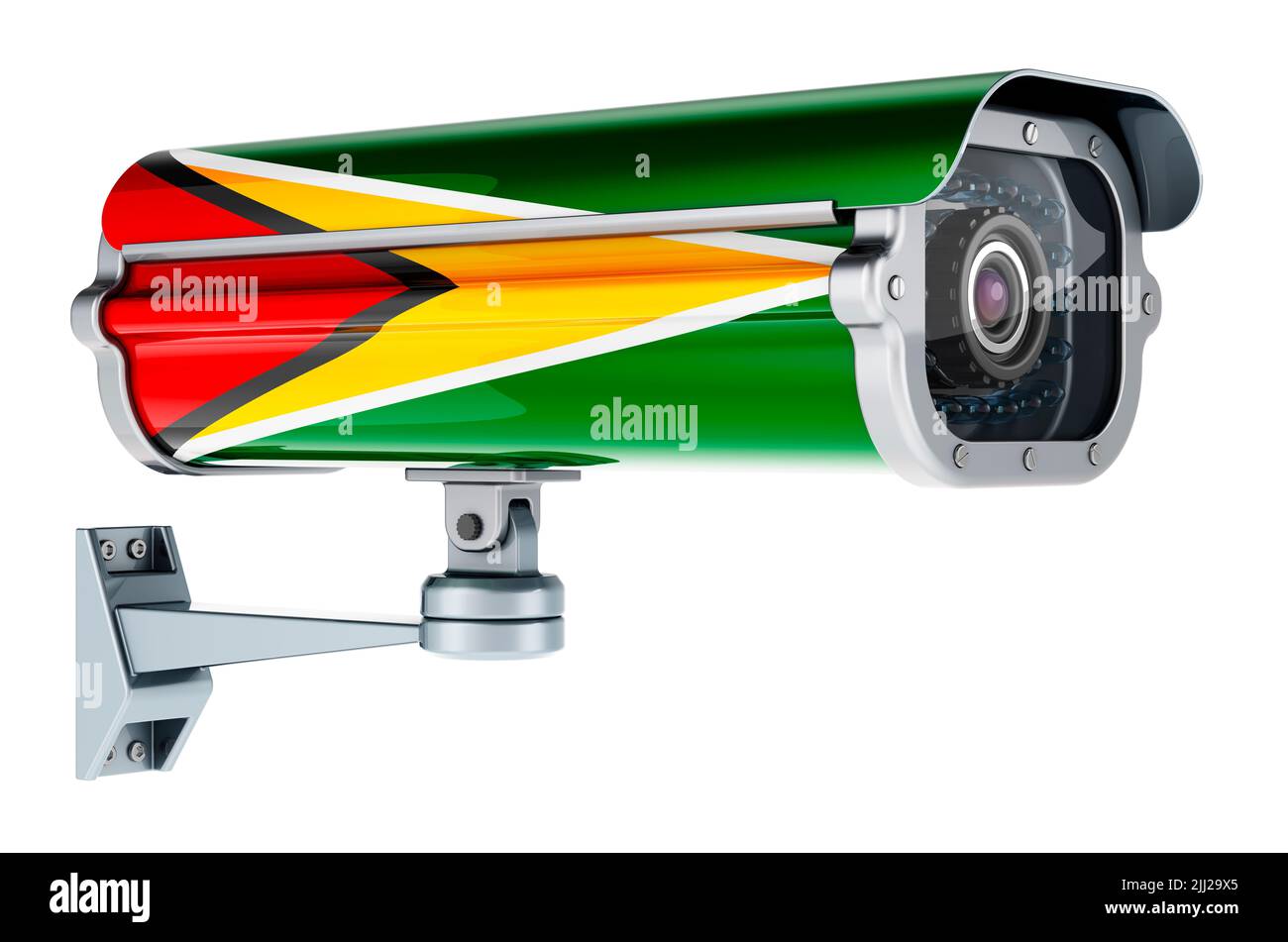 Überwachungskamera mit guyanischer Flagge. 3D Darstellung isoliert auf weißem Hintergrund Stockfoto