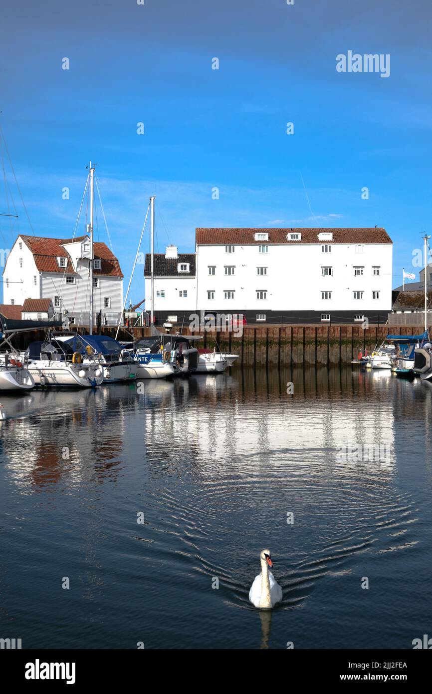 Tide Mill Jachthafen an der Mündung des Flusses Deben bei Woodbridge Suffolk mit weißem Tidemill im Hintergrund Stockfoto