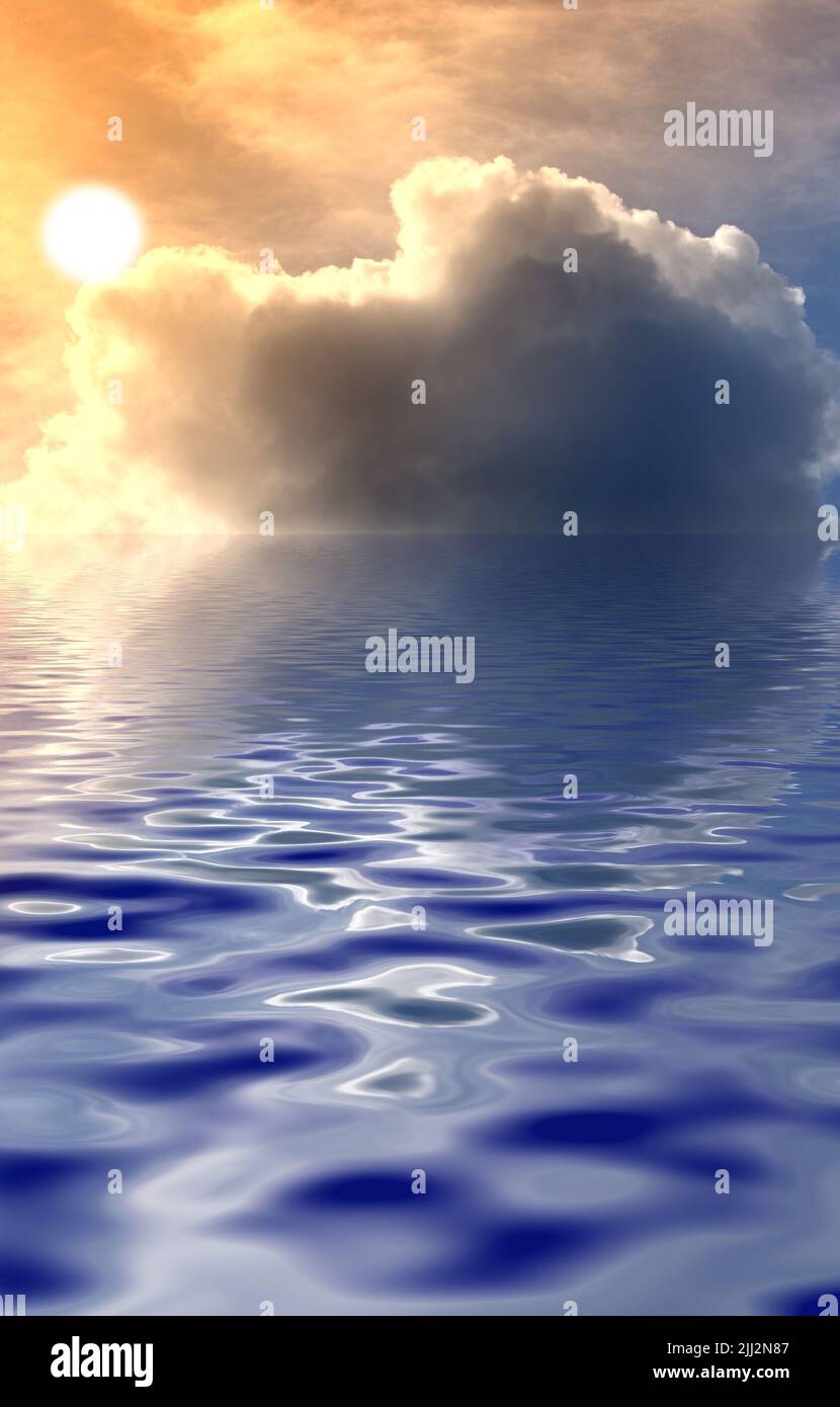 Sonnenaufgang am Horizont, flauschige Wolken über ruhigem Meereswasser. Blick auf friedliche Harmonie und frische Luft, Texturdetails von Mustern auf einem Wasser Stockfoto