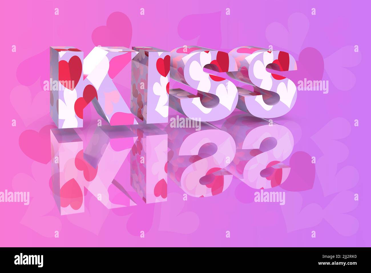 Kiss 3D Render auf rosa Herz Hintergrund. Stockfoto
