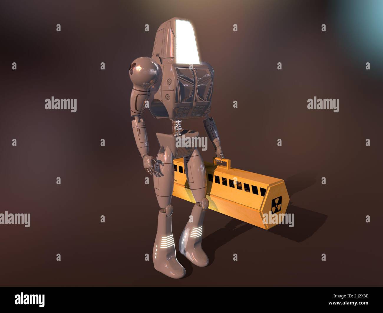 Roboter, der einen Koffer mit radioaktivem Material trägt Stockfoto
