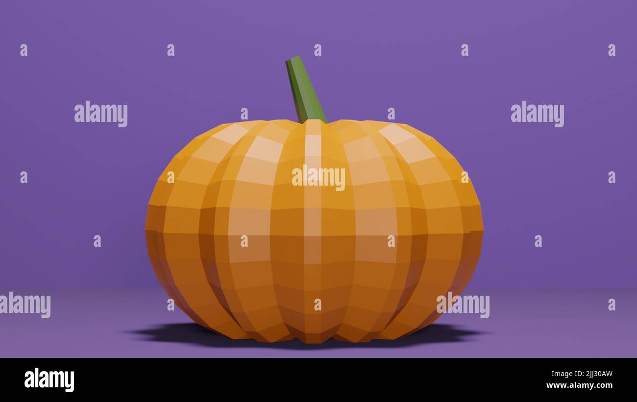 3D Rendering von Low-Poly-Kürbis vor violettem Hintergrund mit leerem Textraum Stockfoto