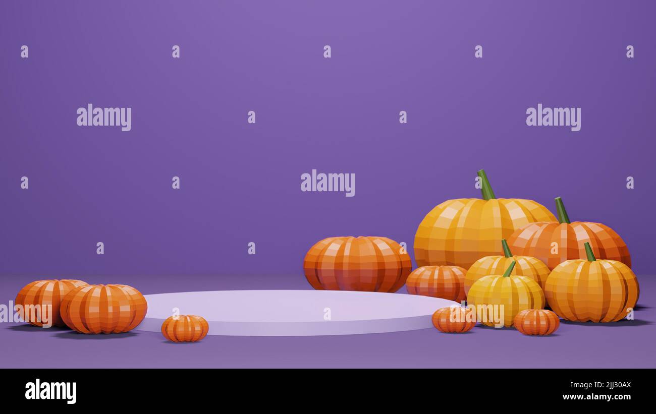 3D Rendering von Low-Poly-Kürbis vor violettem Hintergrund mit leerem Textraum Stockfoto