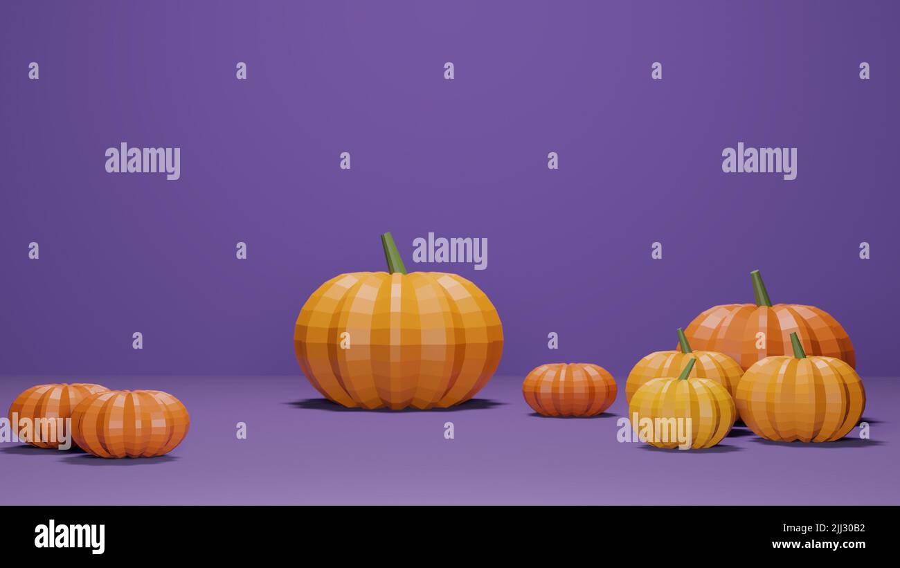 3D Rendering von Low-Poly-Kürbis vor violettem Hintergrund mit leerem Textraum Stockfoto