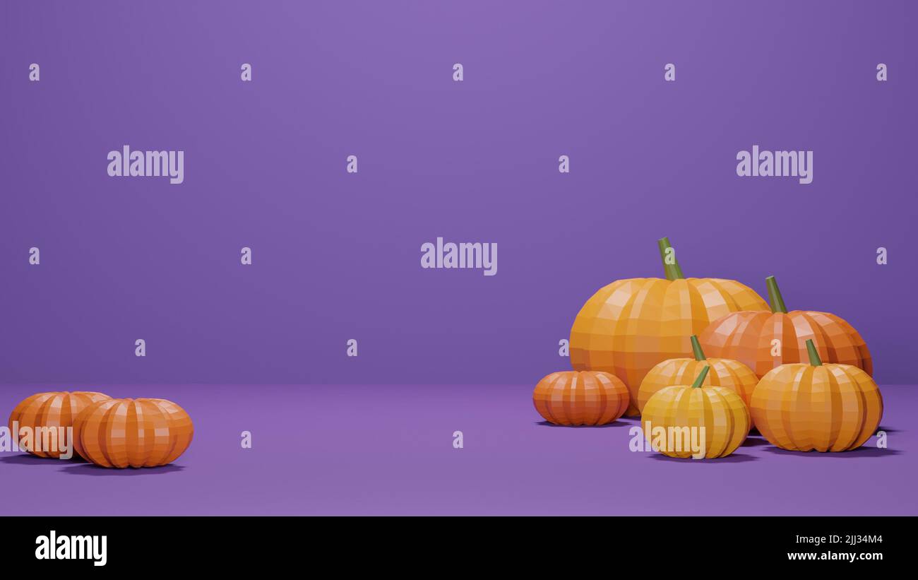 3D Rendering von Low-Poly-Kürbis vor violettem Hintergrund mit leerem Textraum Stockfoto