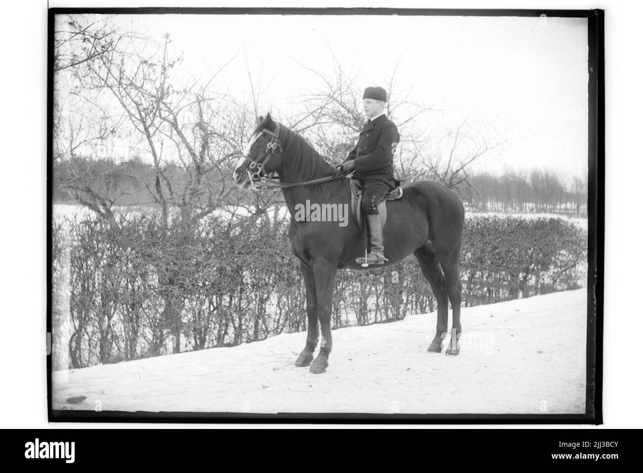 Ein Reiter auf dem Pferderücken. Josef Forsgren, geboren 1881 in Landåsen, in der Pfarrei Mosjö. Er war der Sohn von Kristina Andersson und Bruder von Gerard und David Landè. Das Haus seiner Eltern, „Haus von Mutter Kristina“, befand sich an der Landstraße. Im Zusammenhang mit dem Ausbau der Straße wurde die Hütte später von der Landstraße in den Heimatverein in Mosås verlegt. Das Paar Cottage ist komplett eingerichtet, wie es einmal war. In dem von David Landè gegründeten Häuschen, das der Stiftung "zum Andenken an Mutter Kristina" gehörte, waren viele Jahre lang unverheiratete Mütter zu Hause. Siehe auch Bild: OLM-NR.3008-1 Stockfoto